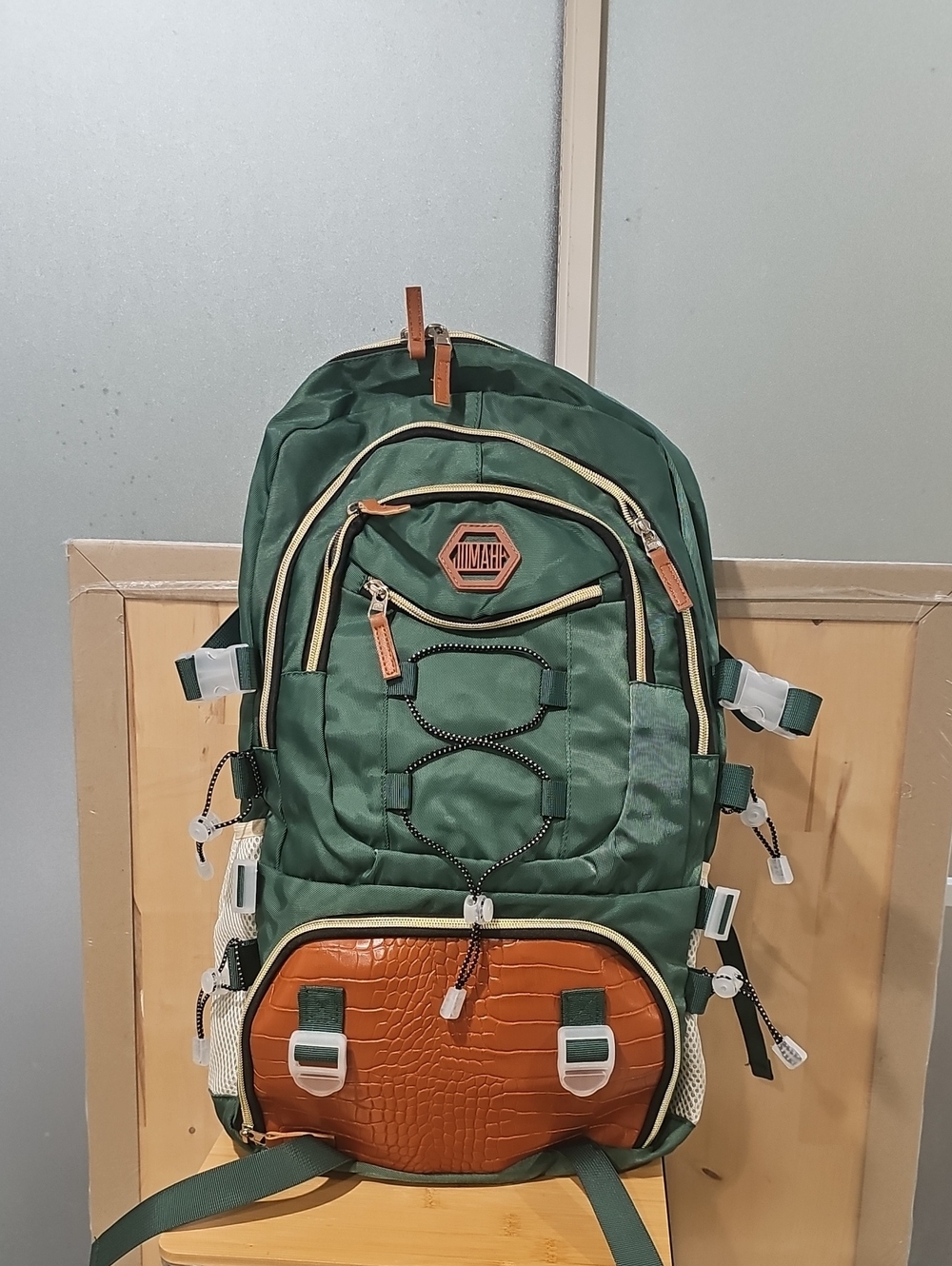 Green Men's & Women's Backpack with Brown Accents